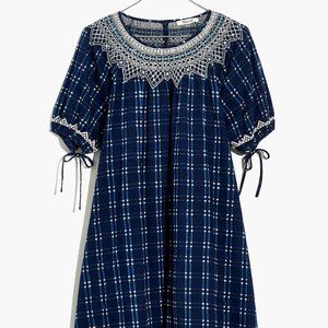 Embroidered Puff-Sleeve Babydoll Dress in Indigo Plaid